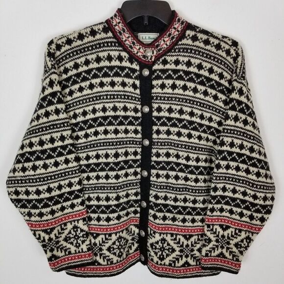 VTG L.L.Bean Women Nordic Print Wool Blend Cardigan Size M  Sweater Fair Isle - Picture 1 of 6
